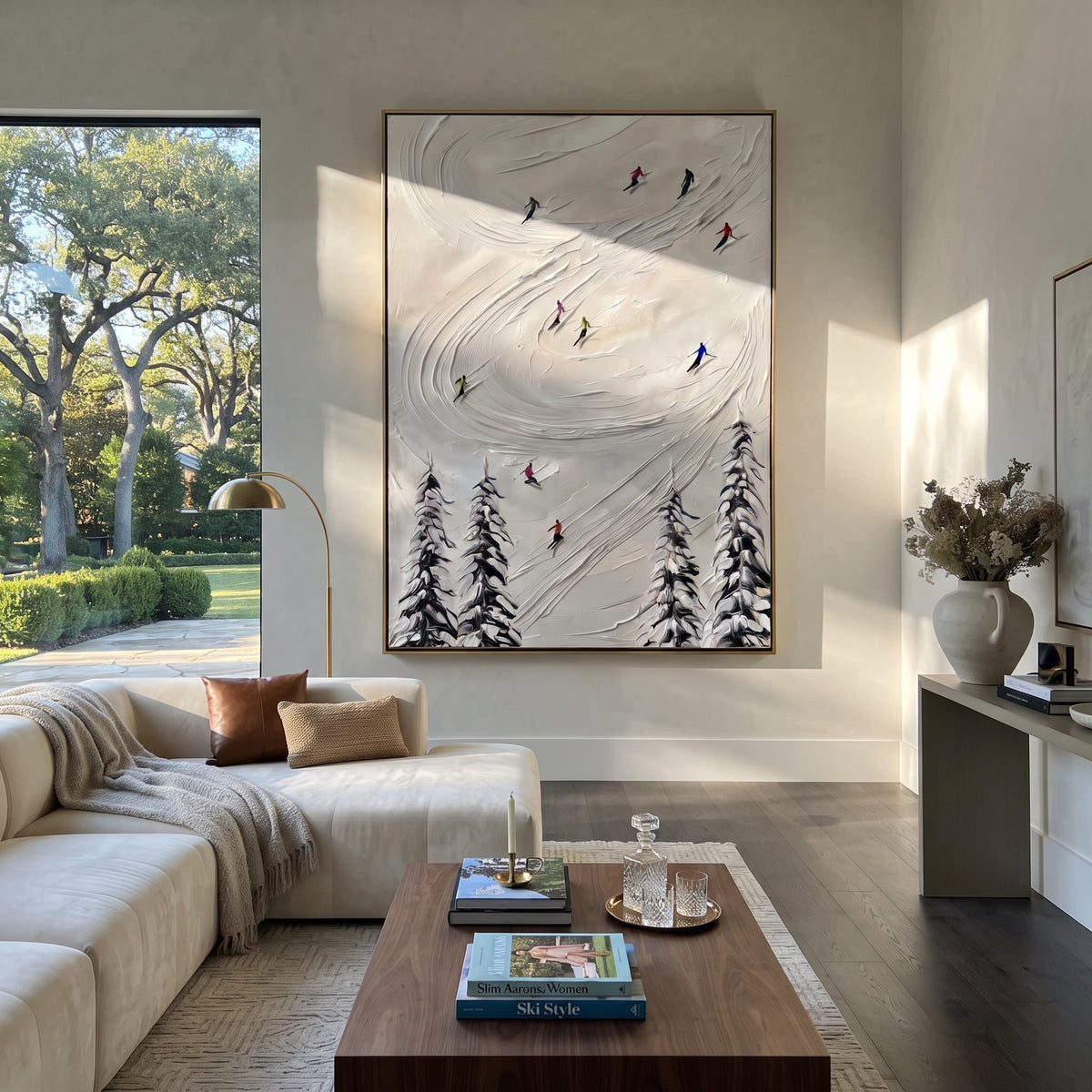 Slate Onyx Skiers Tides Silence - textured skiing painting shown in modern room setting 5