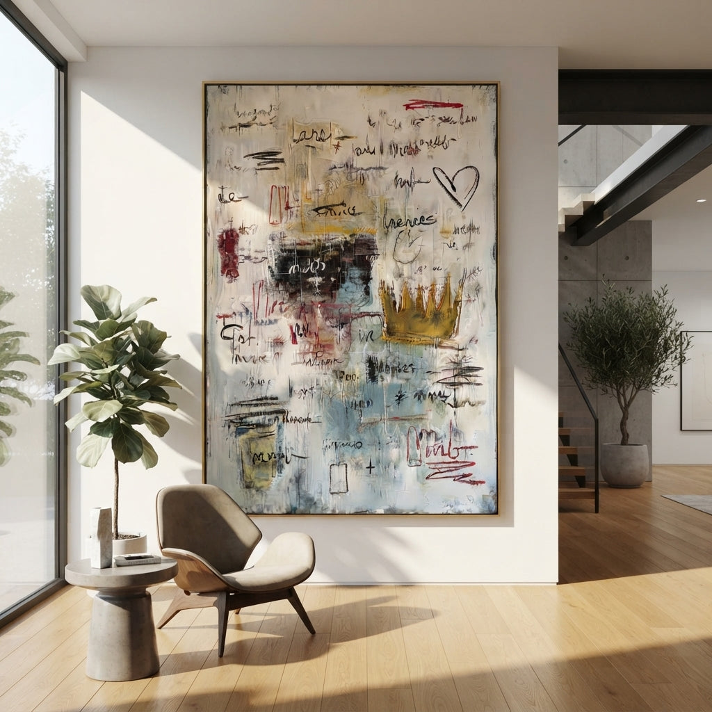 Slate Linen Letters Currents Pause - textured graffiti painting shown in modern room setting 2