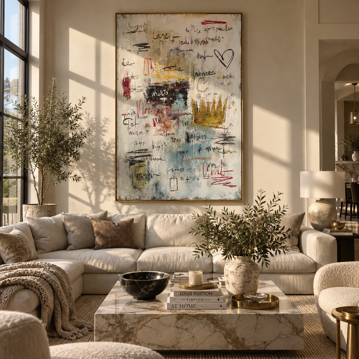 Slate Linen Letters Currents Pause - textured graffiti painting shown in modern room setting 3