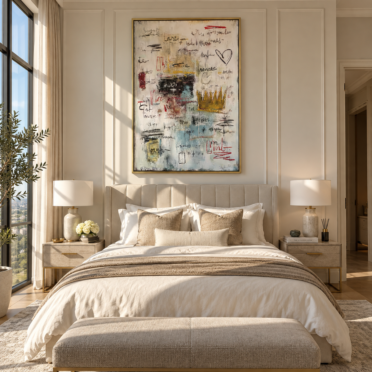 Slate Linen Letters Currents Pause - textured graffiti painting shown in modern room setting 4