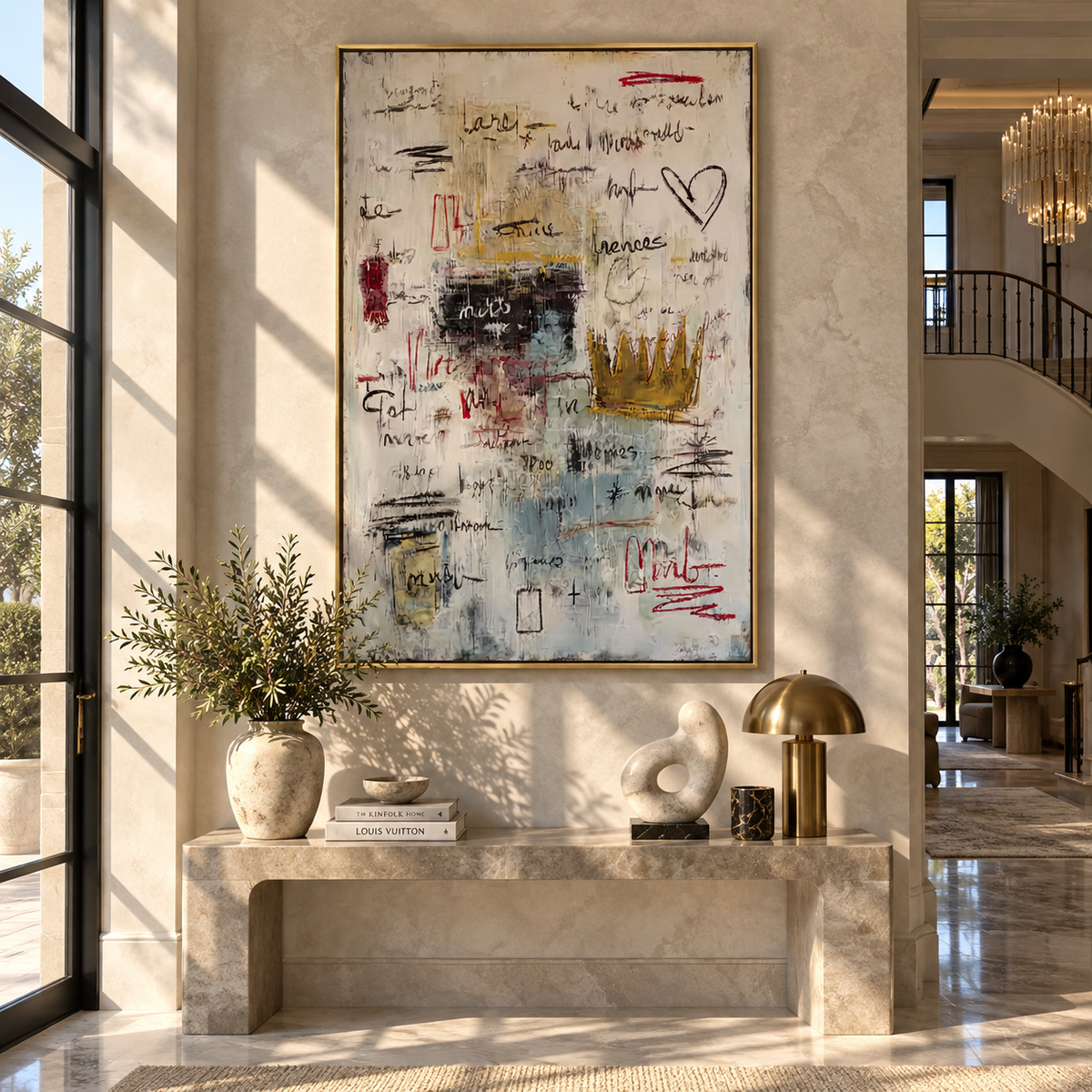 Slate Linen Letters Currents Pause - textured graffiti painting shown in modern room setting 5