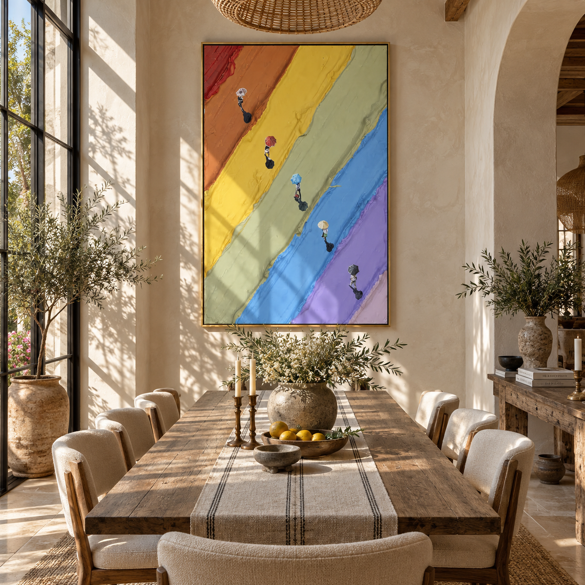 Azure Ochre Figures Layers Balance - textured figurative painting displayed in a styled interior