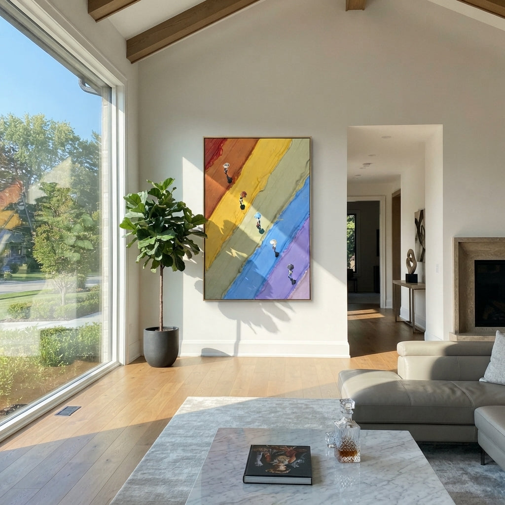 Azure Ochre Figures Layers Balance - textured figurative painting shown in modern room setting 4