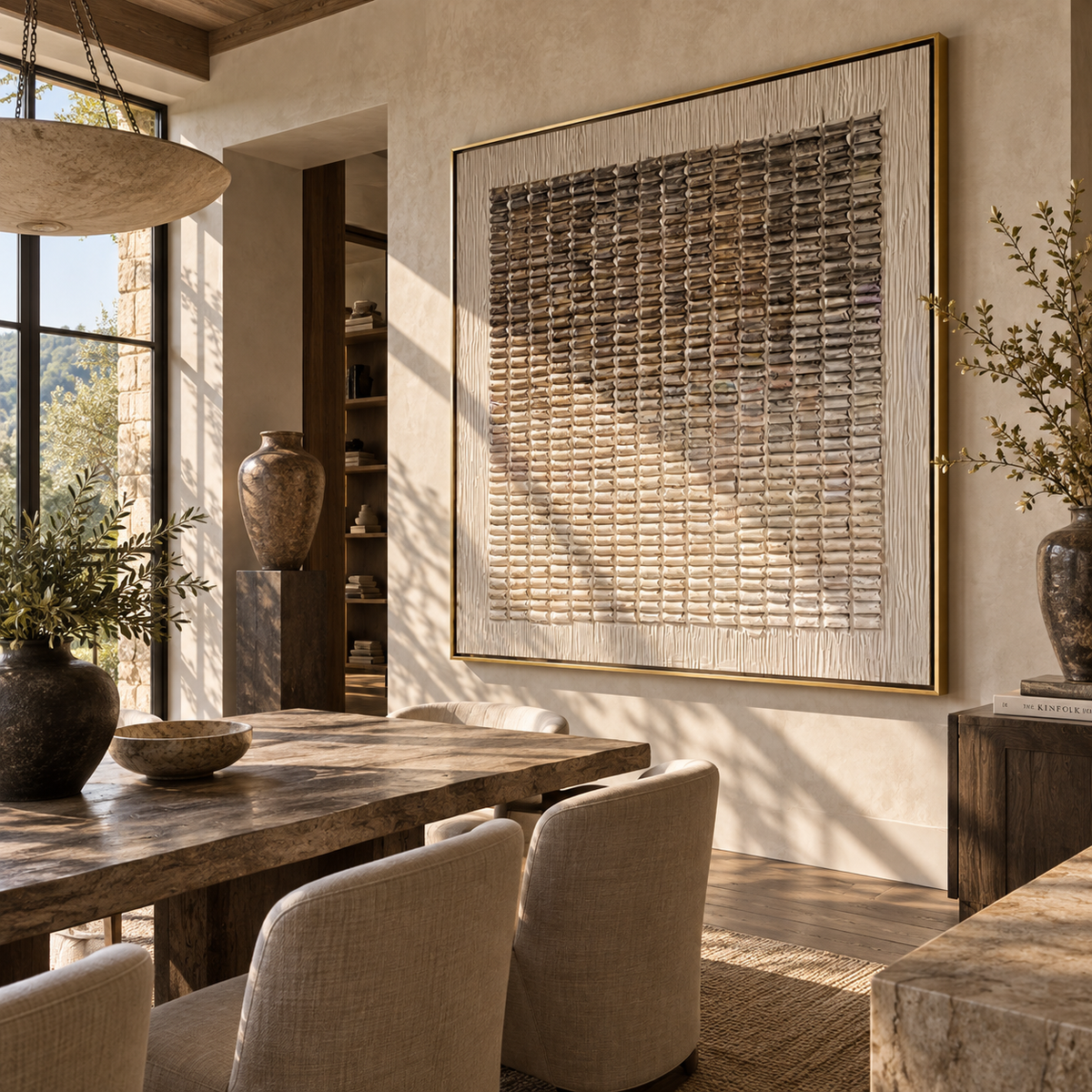Linen Umber Slate Balance Resonance - textured abstract painting displayed in a styled interior