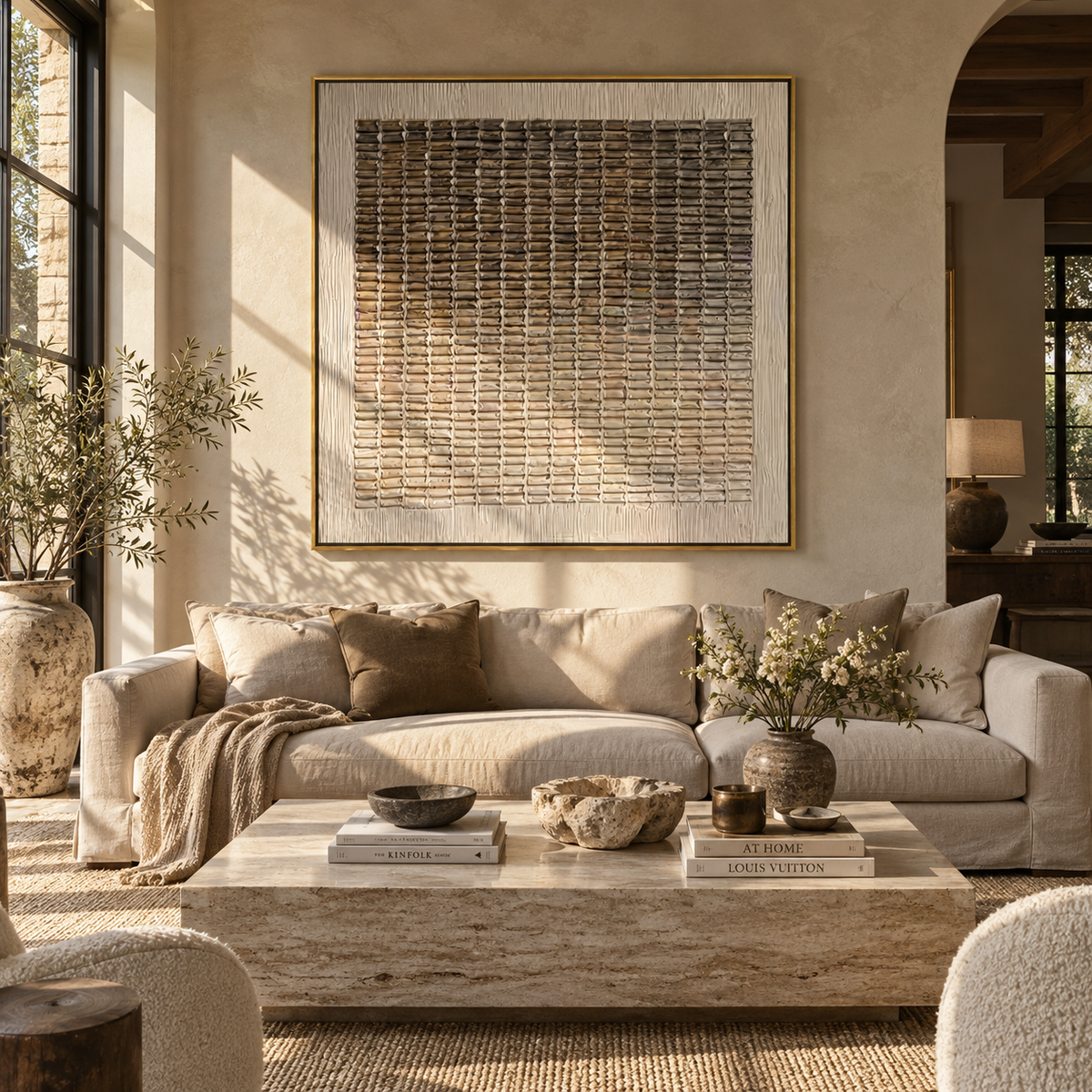 Linen Umber Slate Balance Resonance - textured abstract painting shown in modern room setting 2