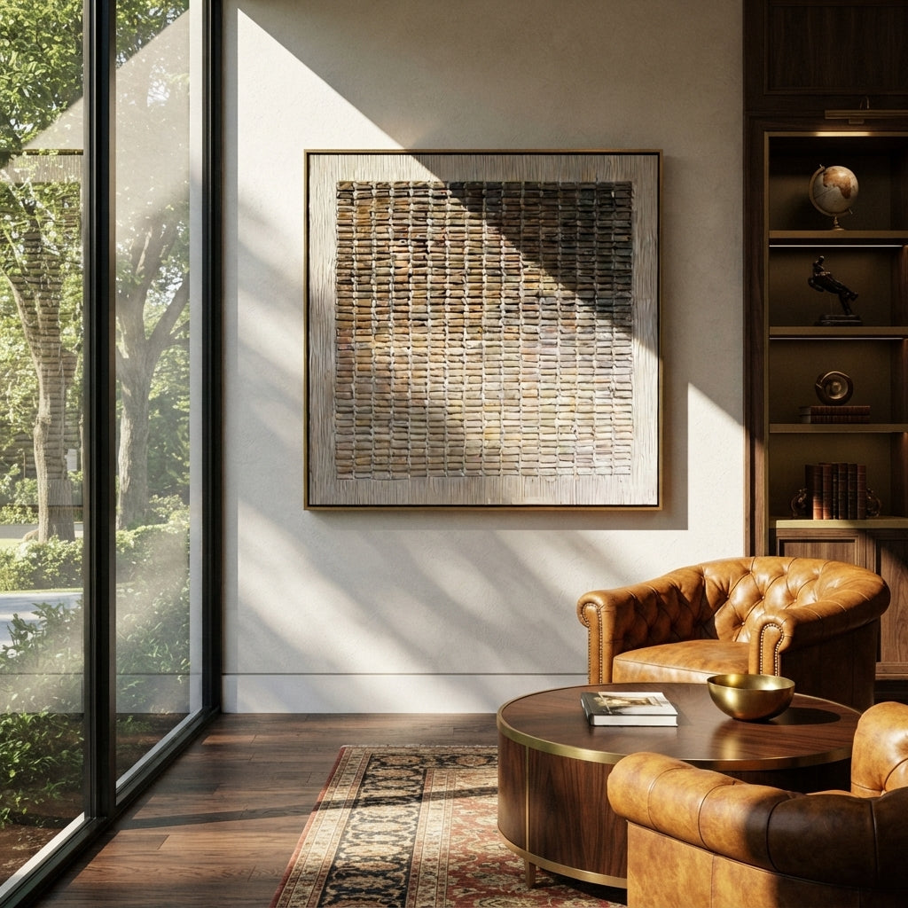 Linen Umber Slate Balance Resonance - textured abstract painting shown in modern room setting 5