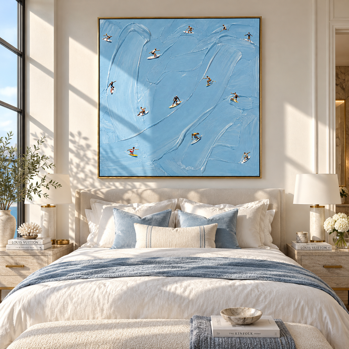 Azure Slate Swimmers Intervals Calm - textured swimmer painting displayed in a styled interior