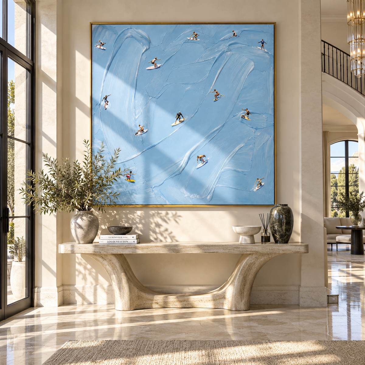 Azure Slate Swimmers Intervals Calm - textured swimmer painting shown in modern room setting 2