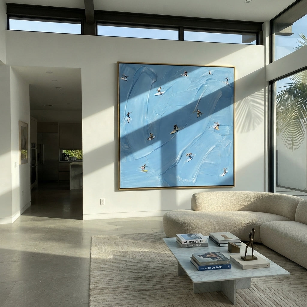 Azure Slate Swimmers Intervals Calm - textured swimmer painting shown in modern room setting 4