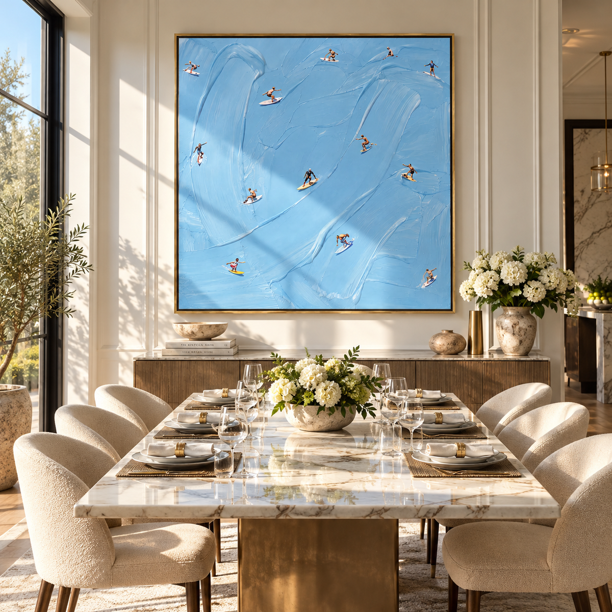 Azure Slate Swimmers Intervals Calm - textured swimmer painting shown in modern room setting 5