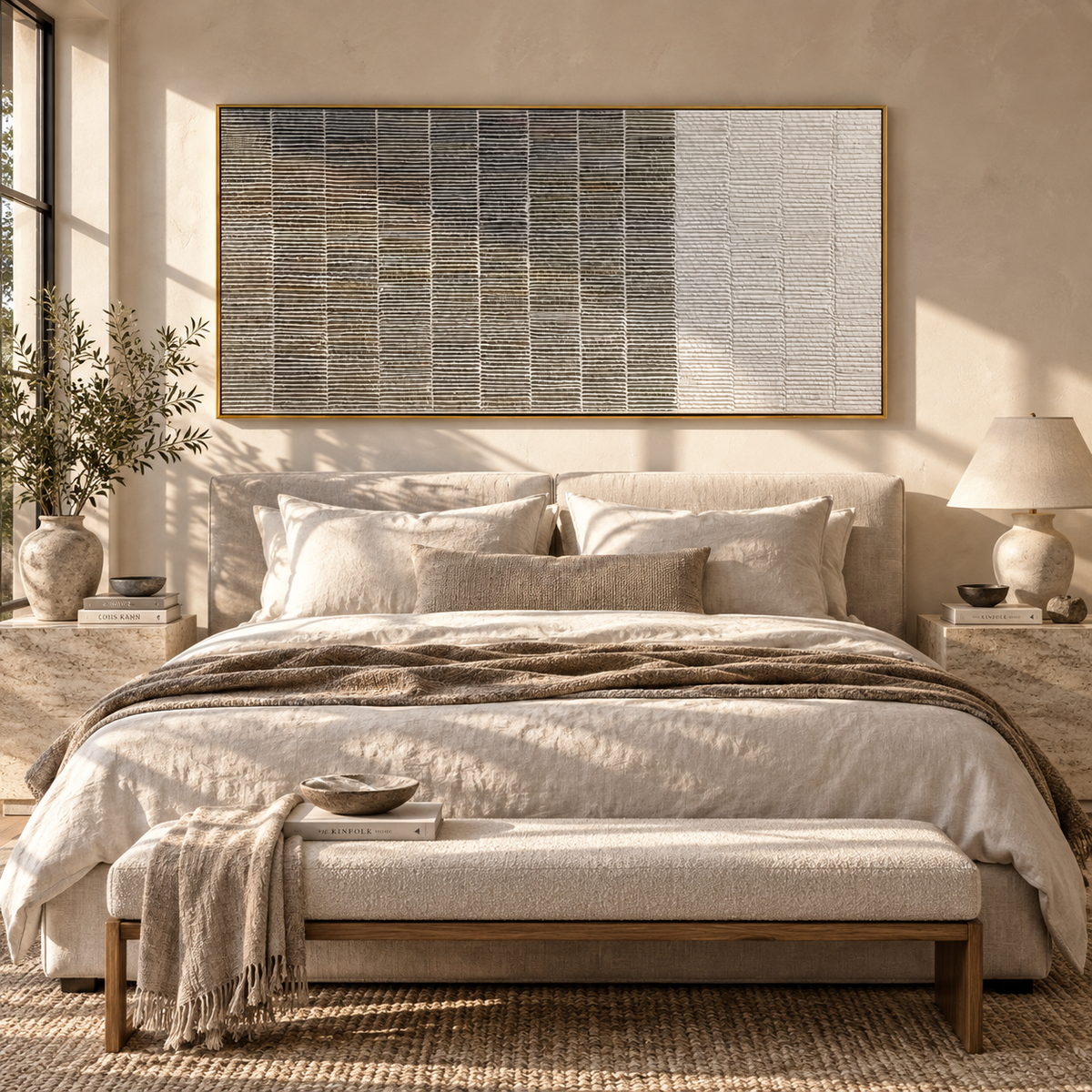 Ivory Slate Umber Drift Stillness - textured abstract painting displayed in a styled interior
