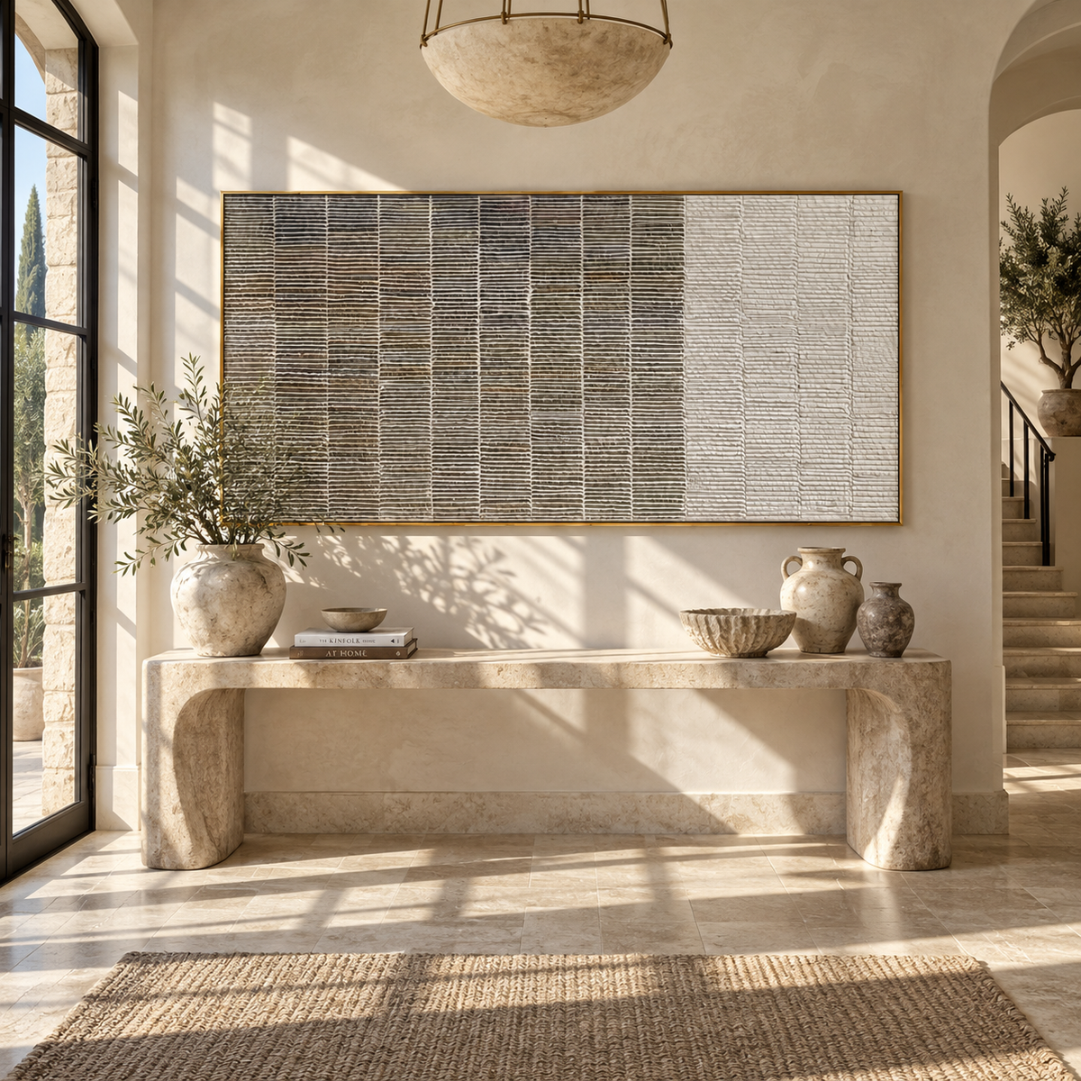 Ivory Slate Umber Drift Stillness - textured abstract painting shown in modern room setting 2