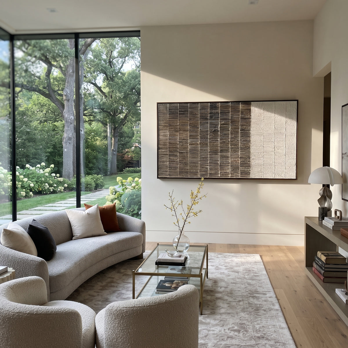 Ivory Slate Umber Drift Stillness - textured abstract painting shown in modern room setting 3