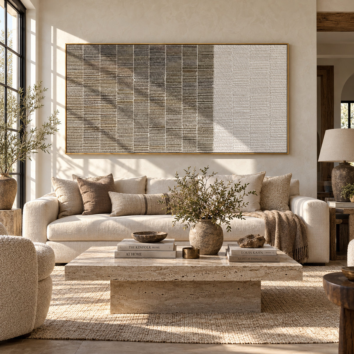 Ivory Slate Umber Drift Stillness - textured abstract painting shown in modern room setting 4