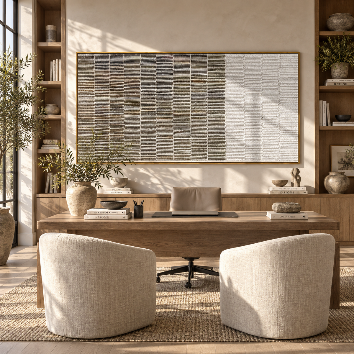 Ivory Slate Umber Drift Stillness - textured abstract painting shown in modern room setting 5