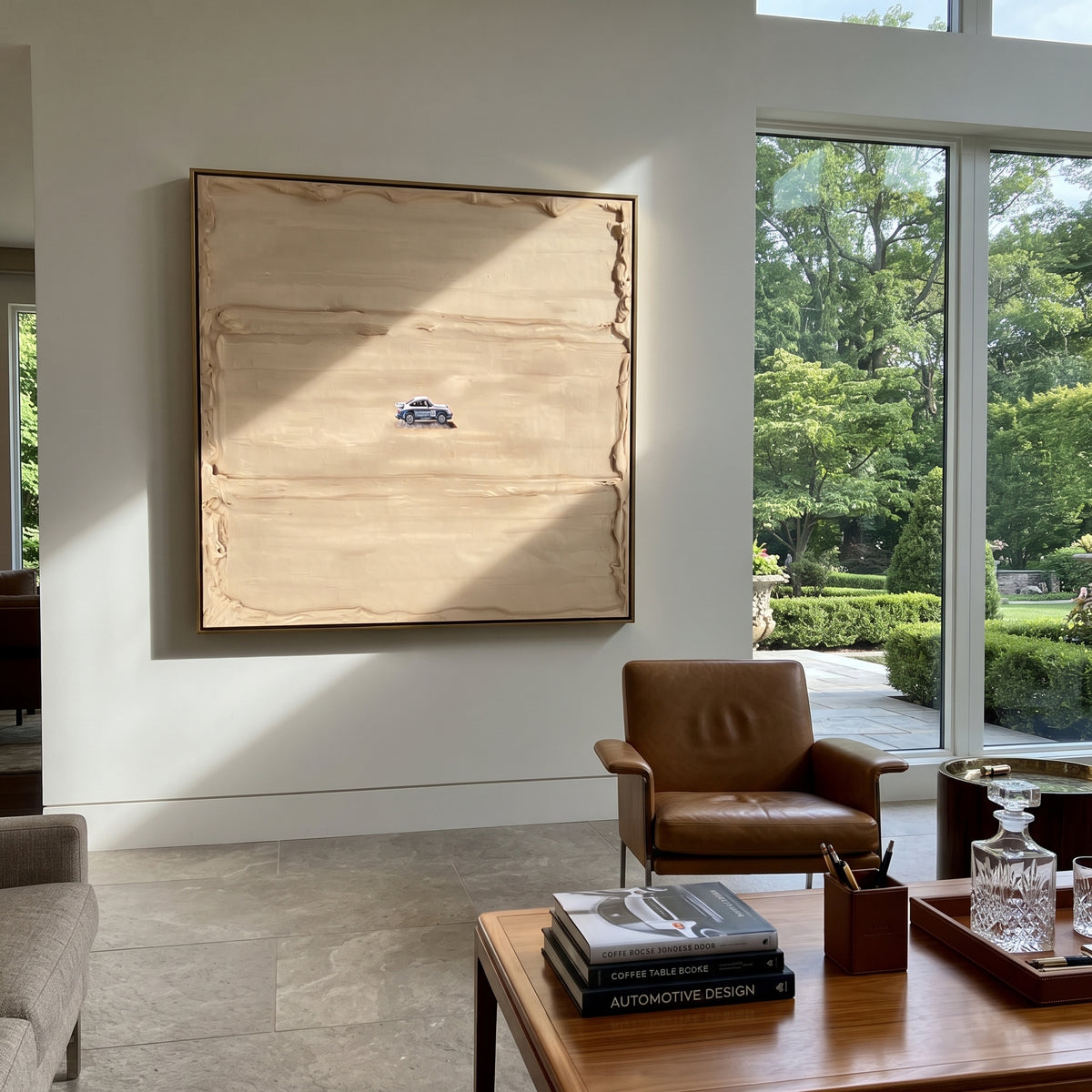 Linen Amber Road Crossing Rain - textured car painting shown in modern room setting 2
