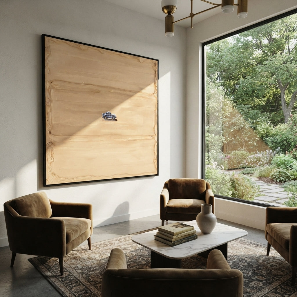Linen Amber Road Crossing Rain - textured car painting shown in modern room setting 3