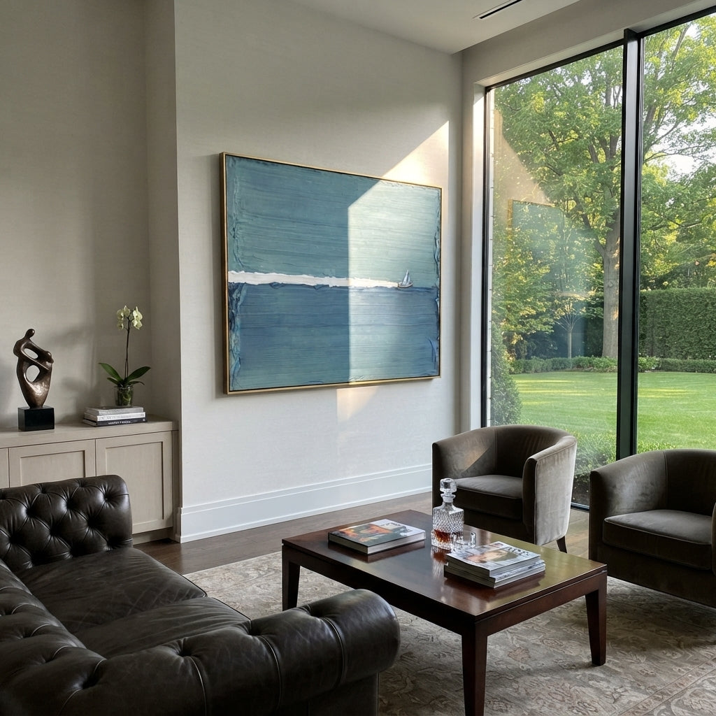 Azure Onyx Sails Echo Cadence - textured sailboat painting shown in modern room setting 2
