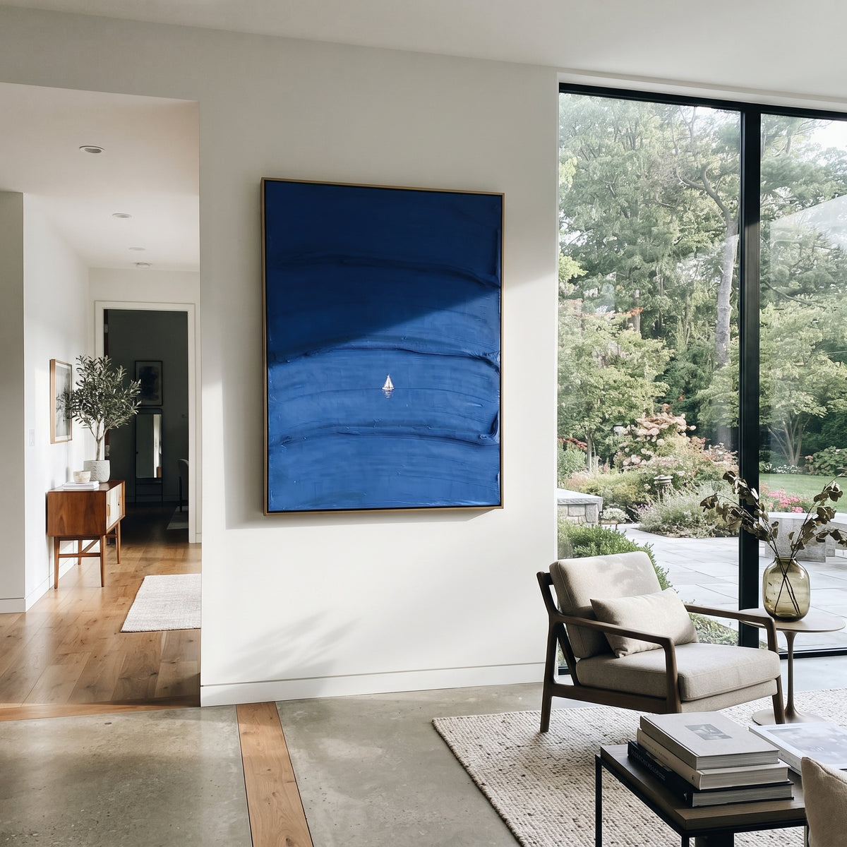 Azure Onyx Sails Rhythm Dusk - textured sailboat painting displayed in a styled interior