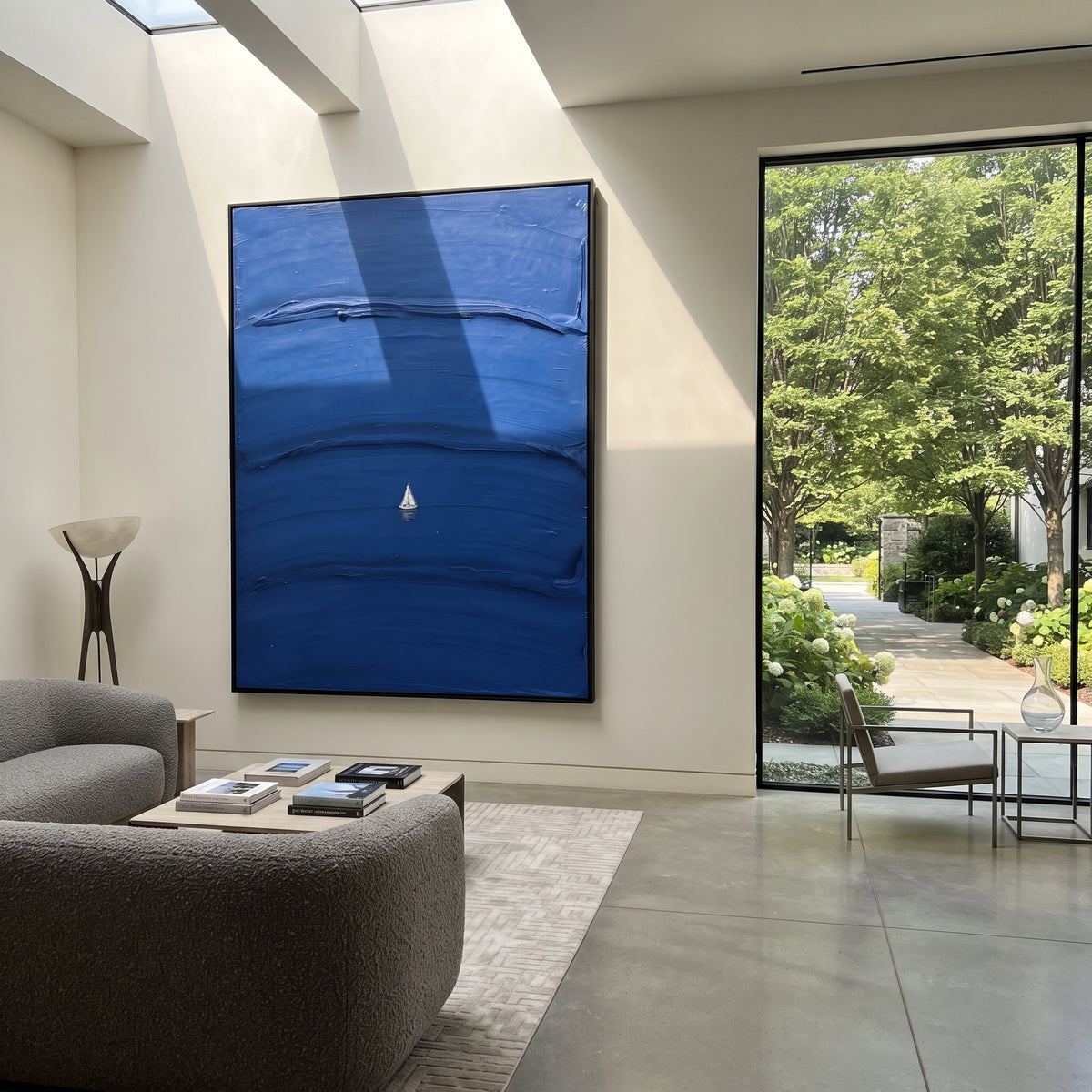 Azure Onyx Sails Rhythm Dusk - textured sailboat painting shown in modern room setting 2