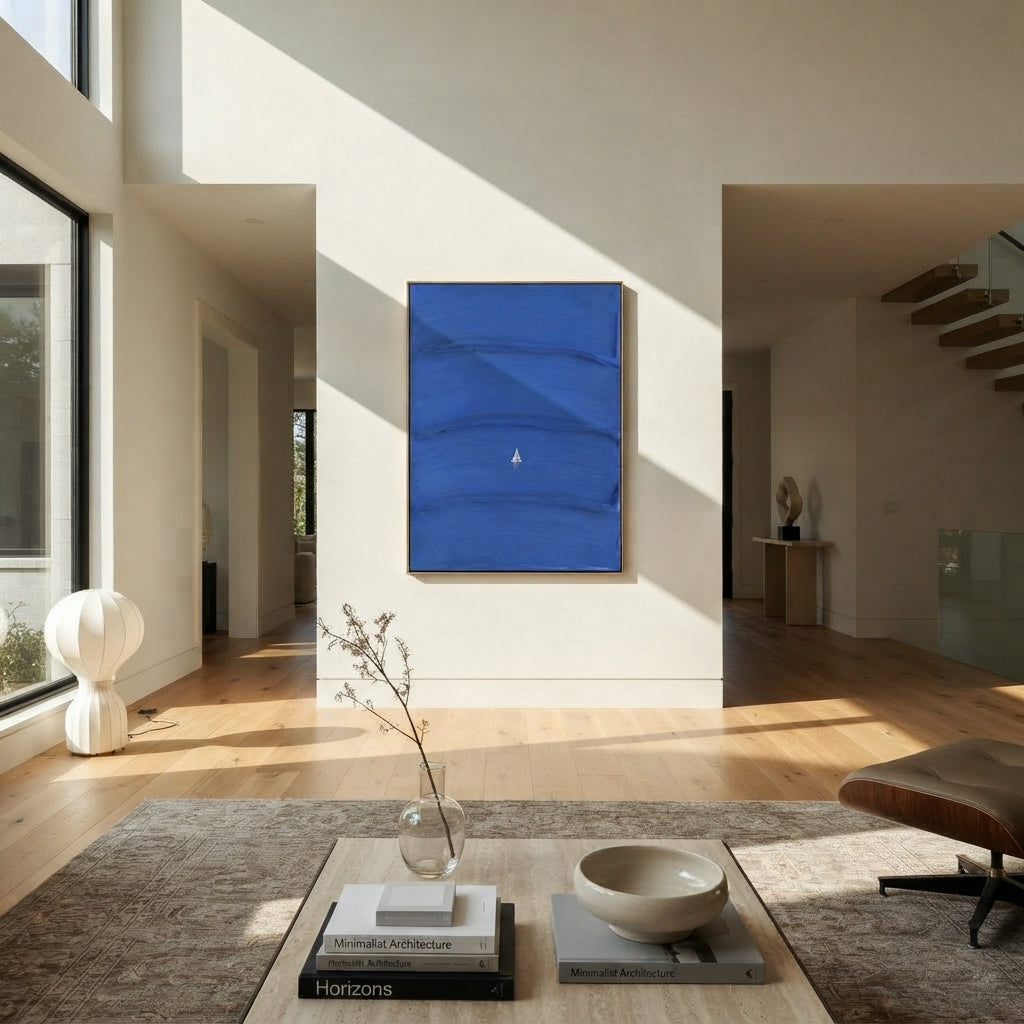 Azure Onyx Sails Rhythm Dusk - textured sailboat painting shown in modern room setting 4