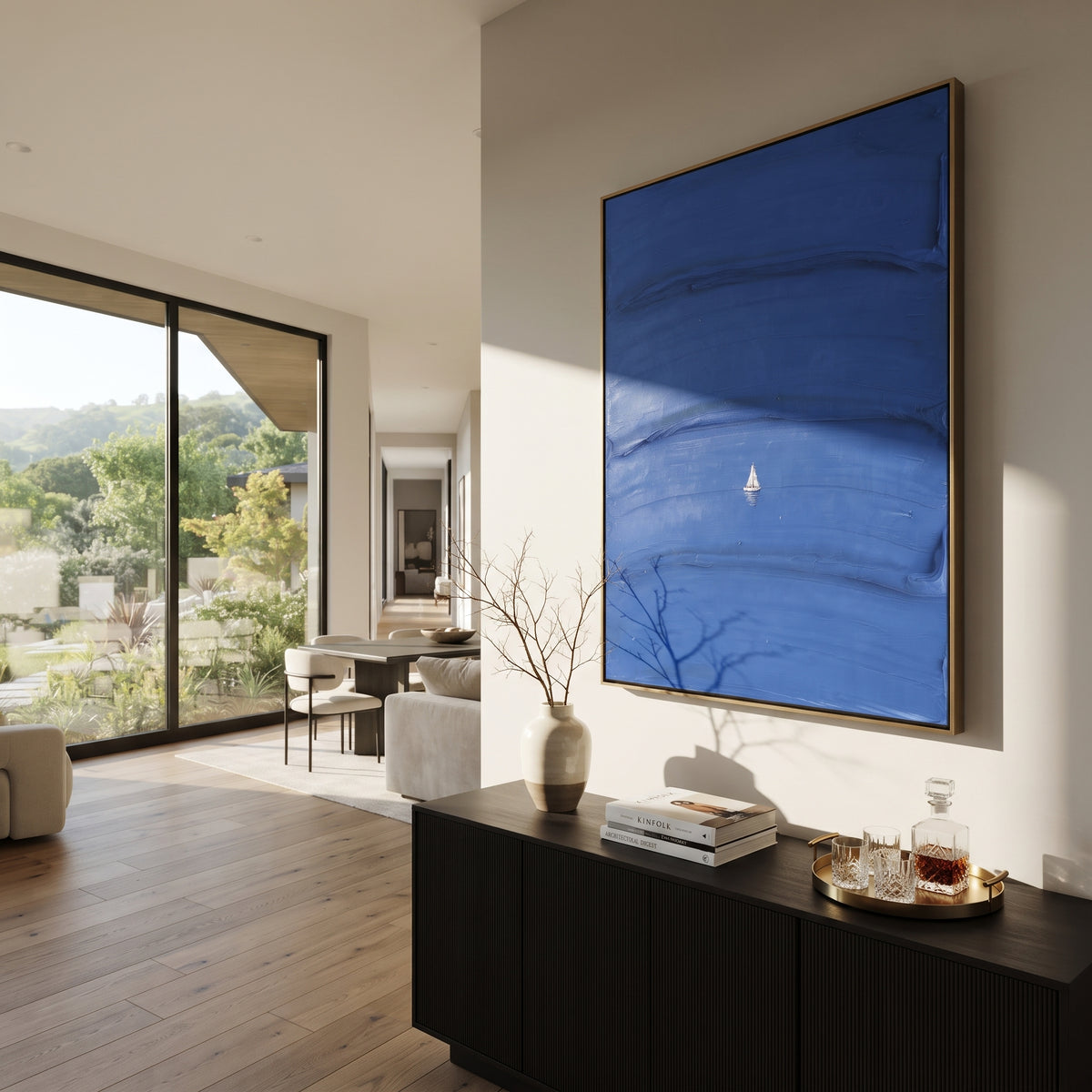 Azure Onyx Sails Rhythm Dusk - textured sailboat painting shown in modern room setting 5