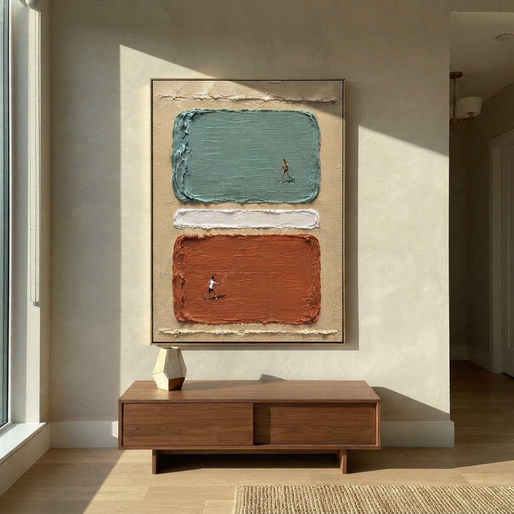 Verdant Linen Figures Strata Distance - textured figurative painting shown in modern room setting 4