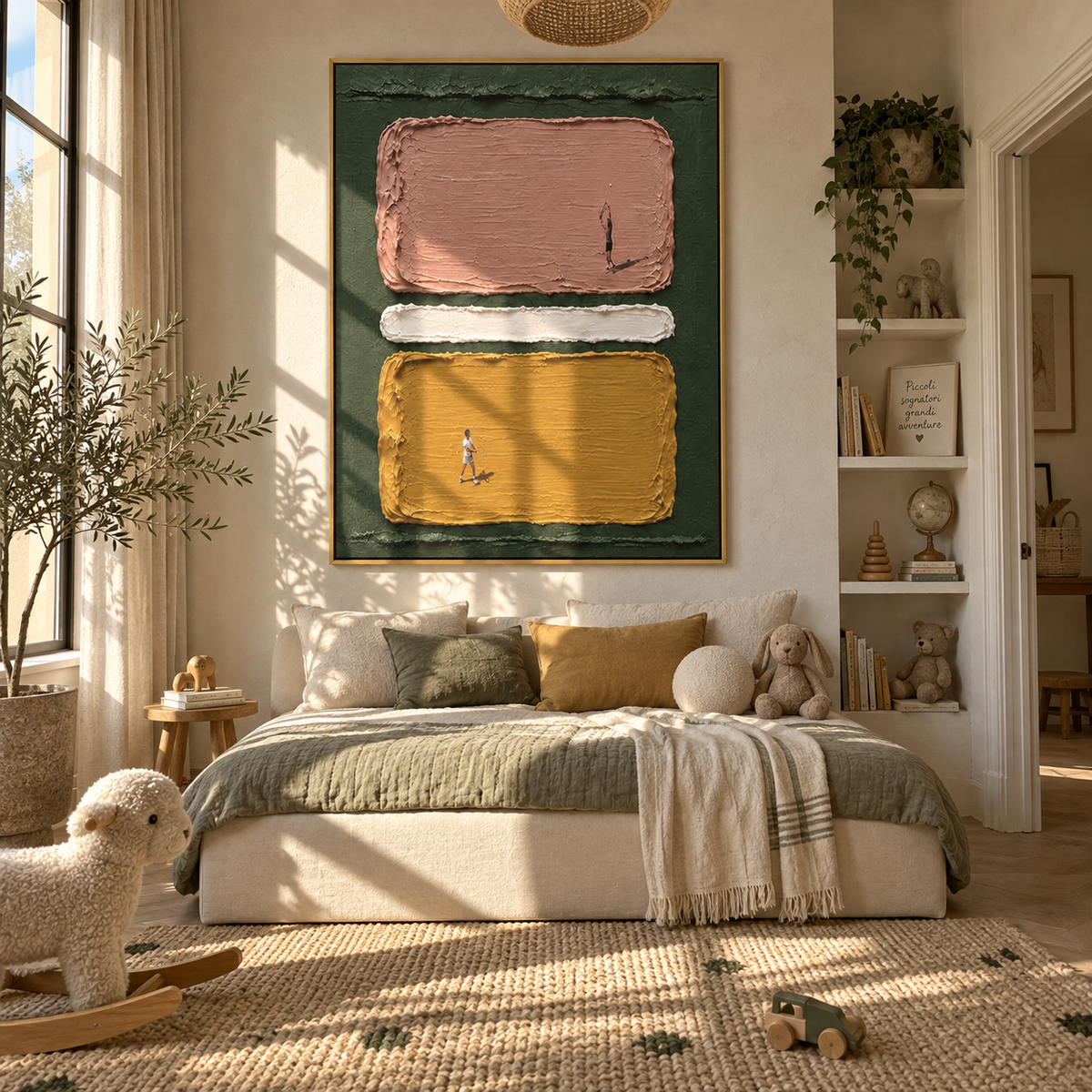 Amber Crimson Figures Terraces Light - textured figurative painting displayed in a styled interior