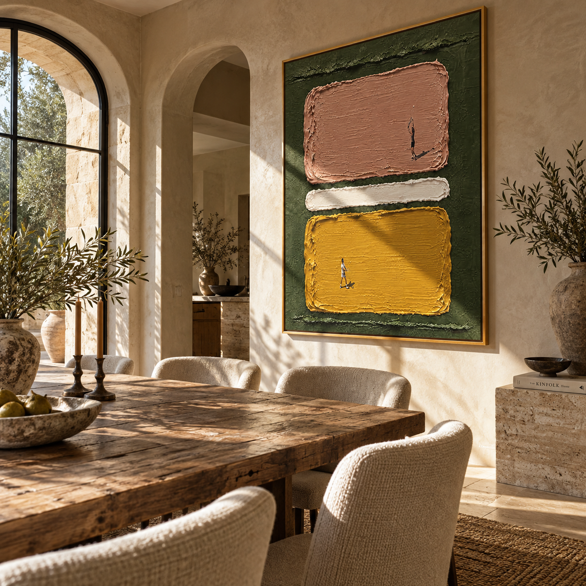 Amber Crimson Figures Terraces Light - textured figurative painting shown in modern room setting 4