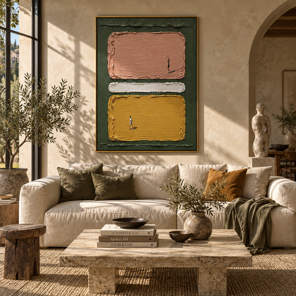 Amber Crimson Figures Terraces Light - textured figurative painting shown in modern room setting 5