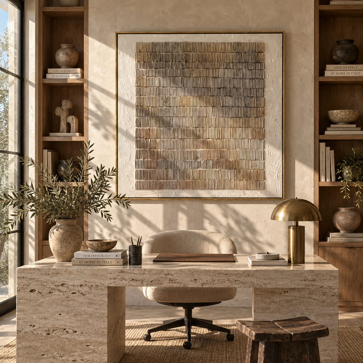 Umber Linen Slate Horizon Tension - textured abstract painting displayed in a styled interior