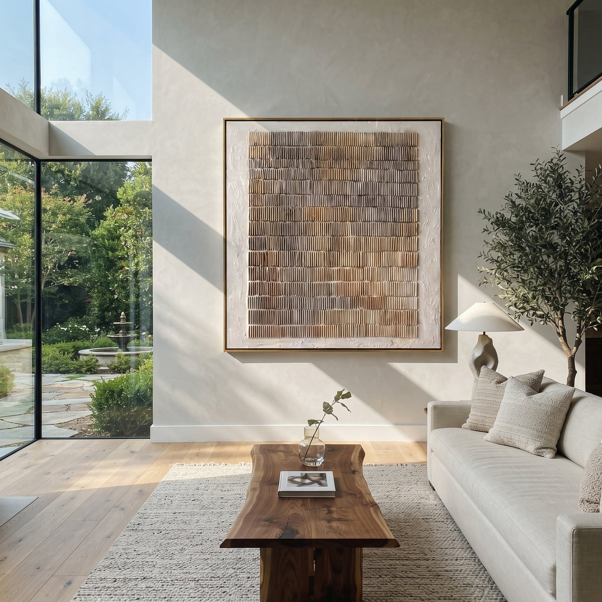 Umber Linen Slate Horizon Tension - textured abstract painting shown in modern room setting 2