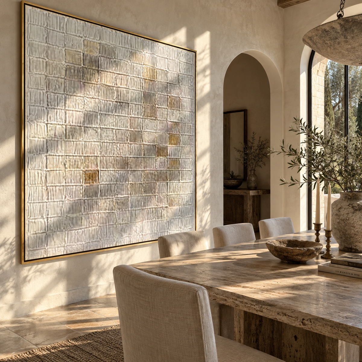 Slate Linen Umber Fragments Space - textured abstract painting displayed in a styled interior