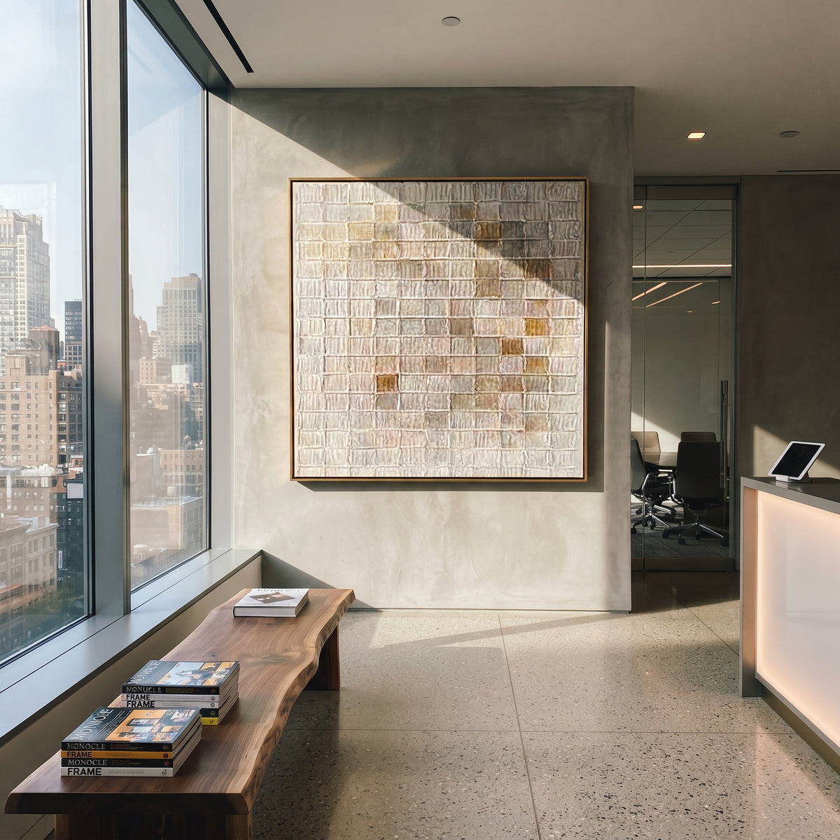 Slate Linen Umber Fragments Space - textured abstract painting shown in modern room setting 5