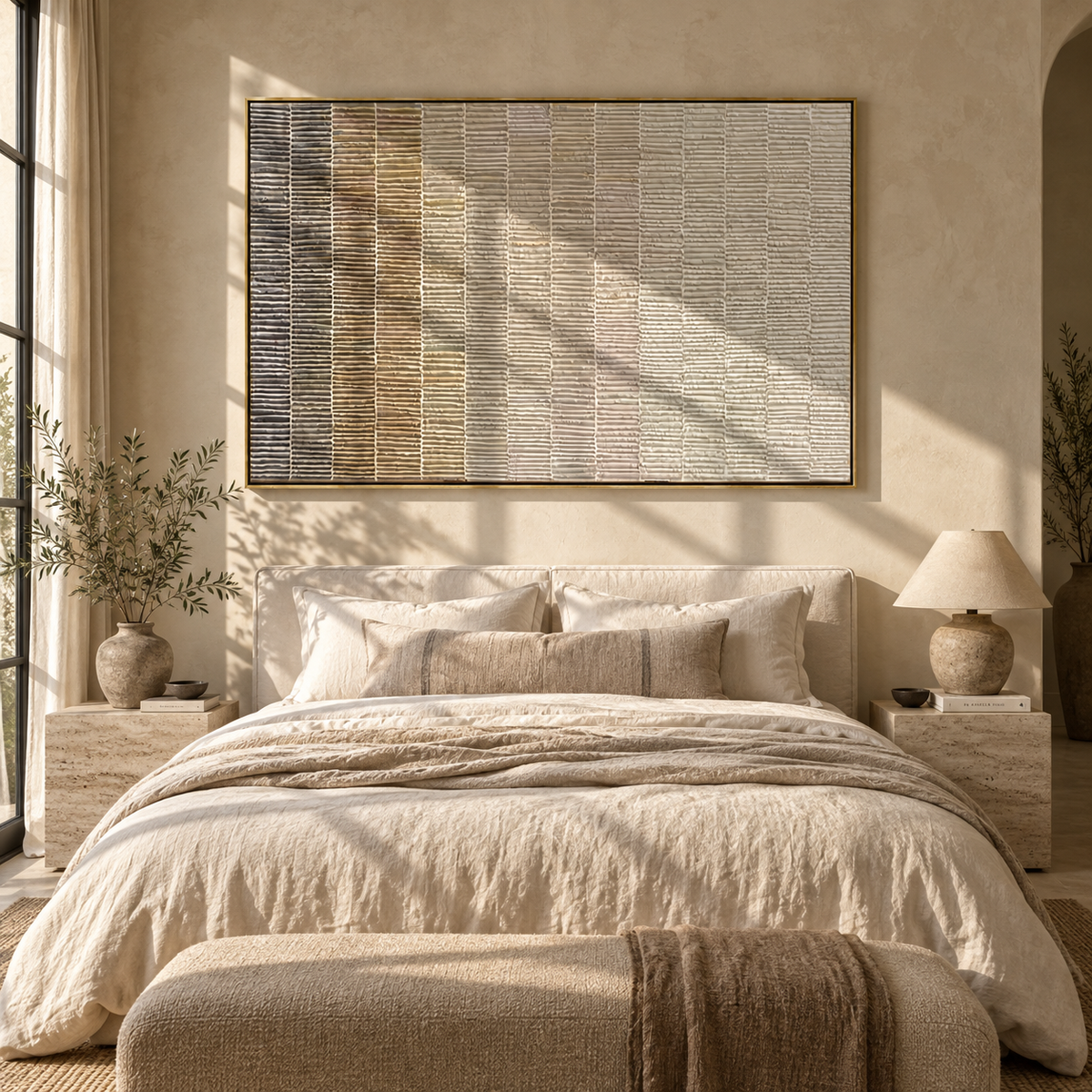 Linen Slate Umber Field Quiet - textured abstract painting displayed in a styled interior