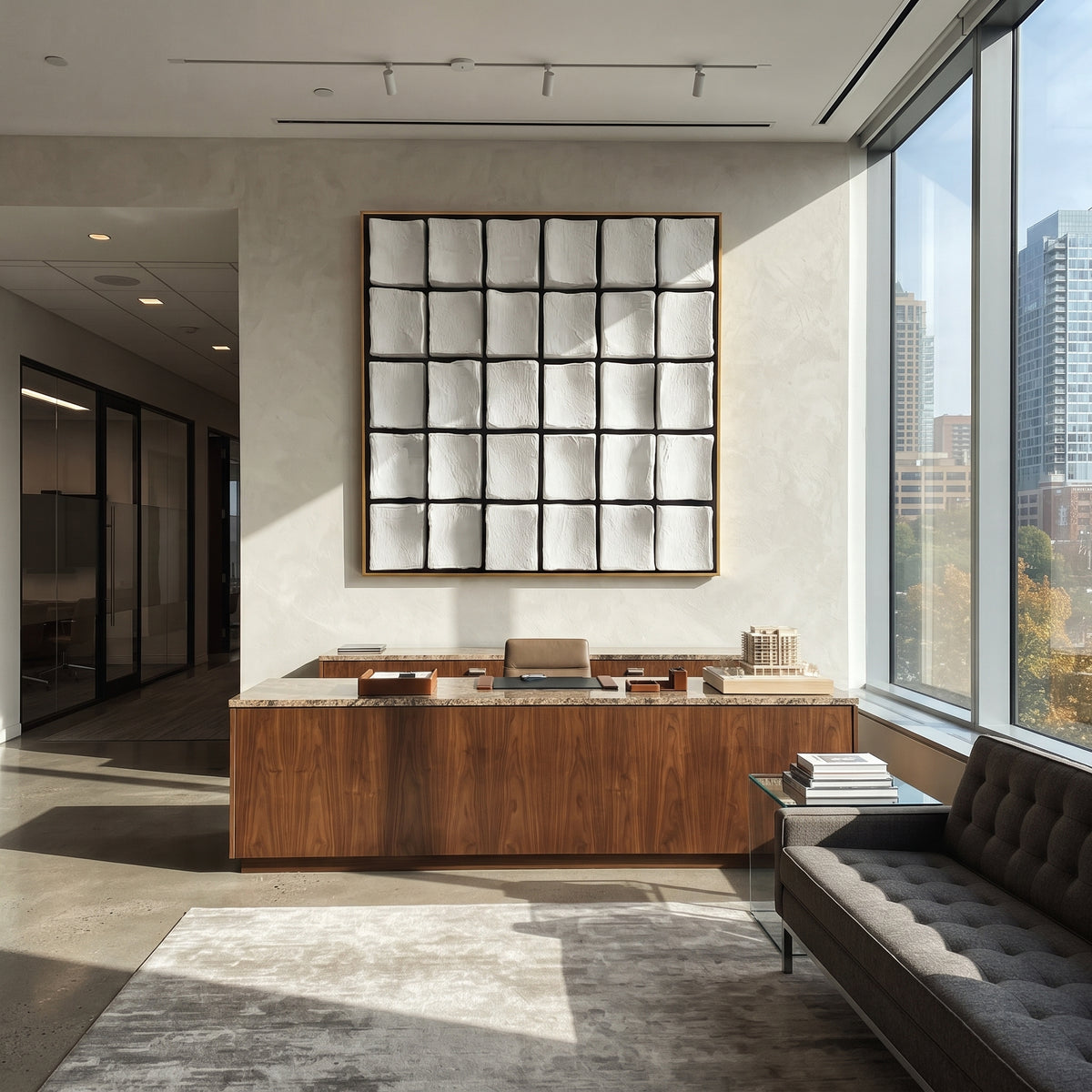 Slate Onyx Umber Passage Form - textured abstract painting displayed in a styled interior