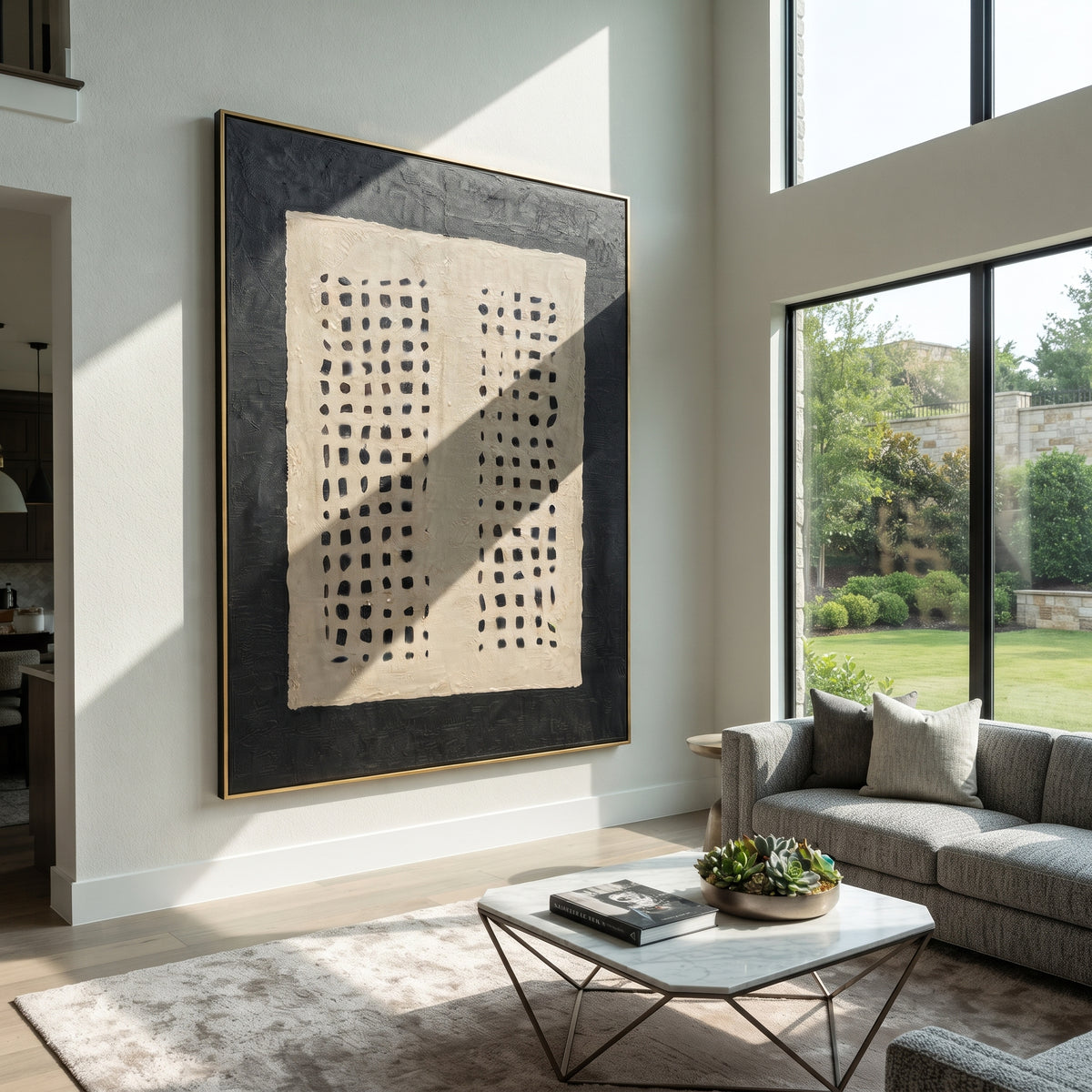 Linen Onyx Slate Tides Motion - textured abstract painting shown in modern room setting 2