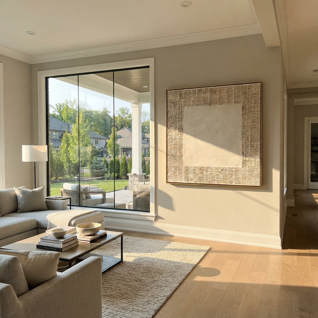 Slate Linen Umber Layers Silence - textured abstract painting shown in modern room setting 5