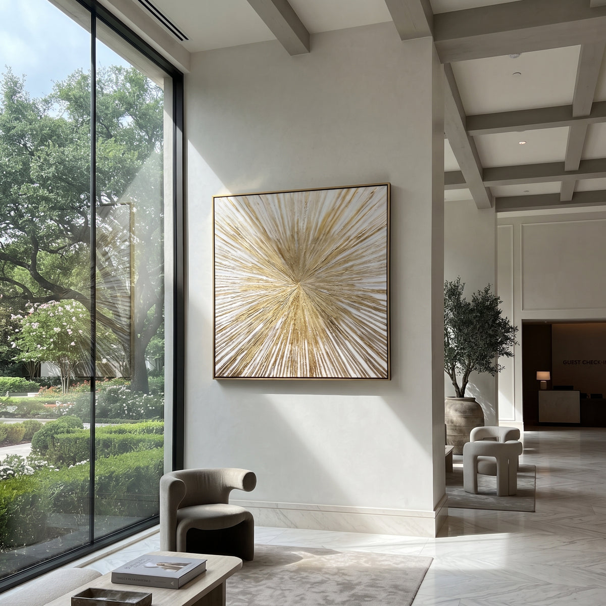 Linen Slate Umber Balance Pause - textured abstract painting shown in modern room setting 4