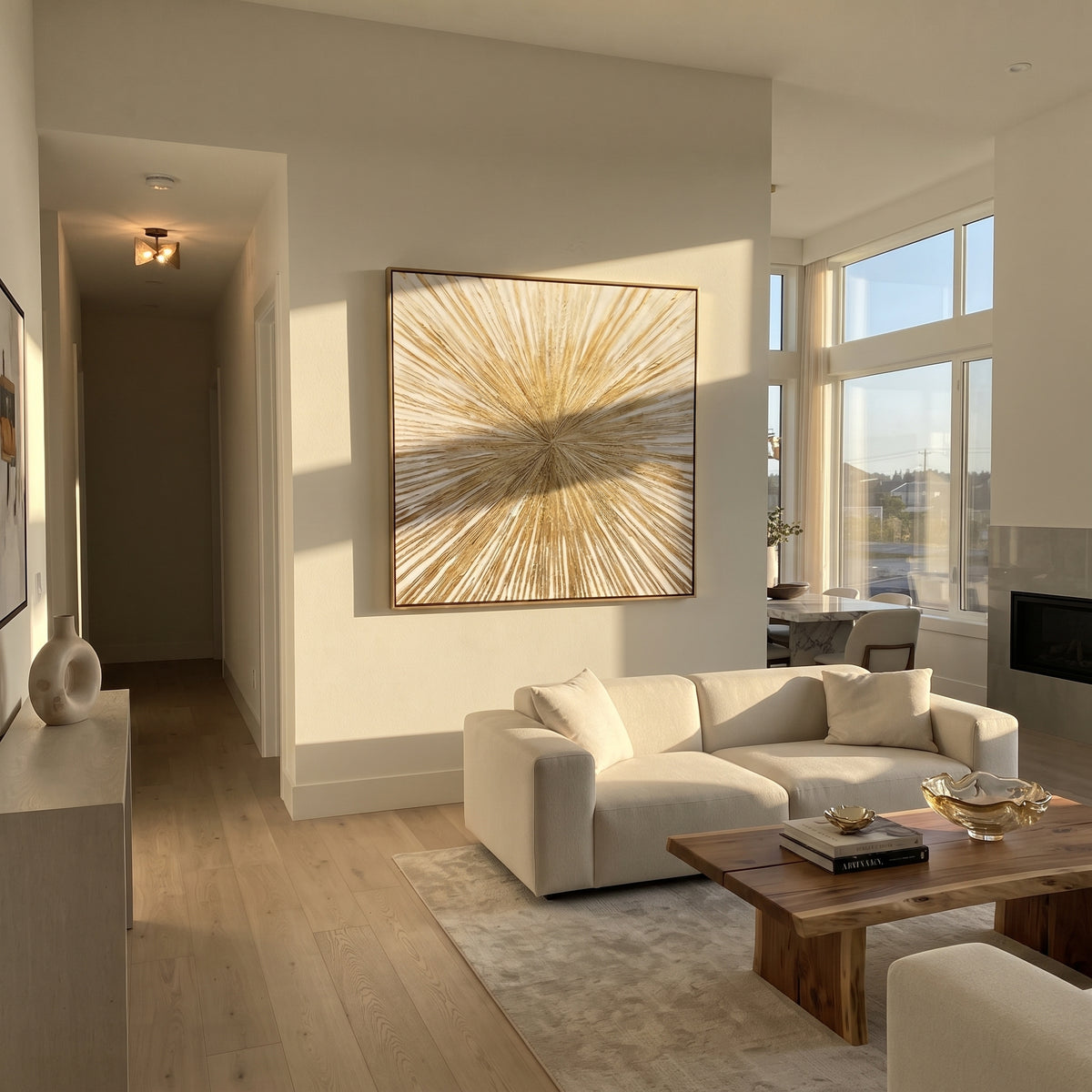Linen Slate Umber Balance Pause - textured abstract painting shown in modern room setting 5