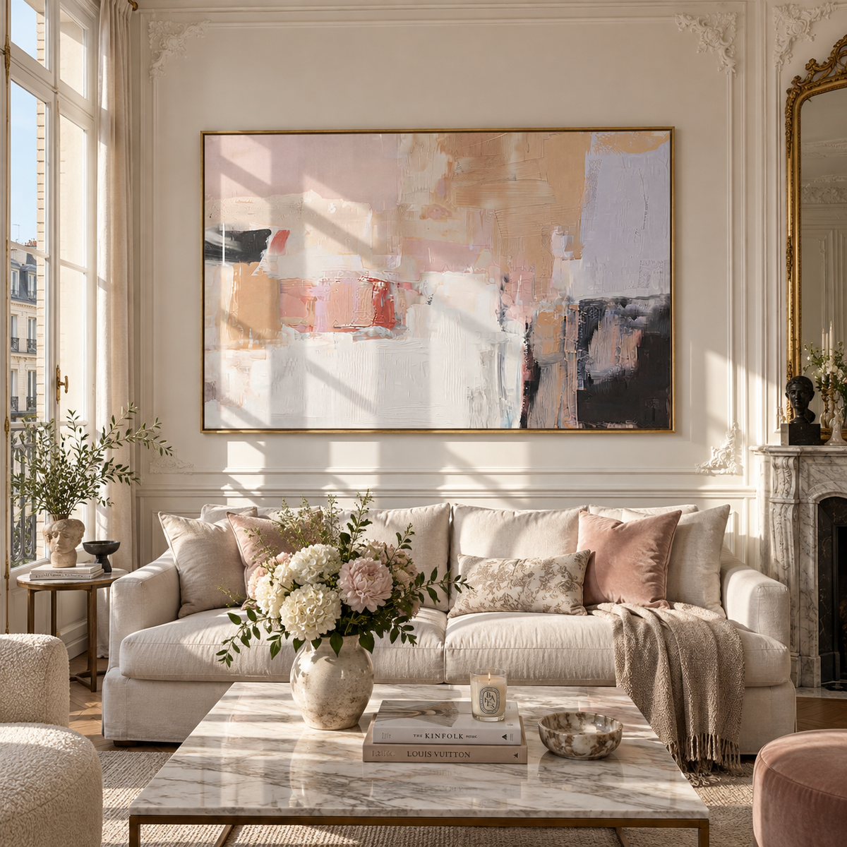 Linen Slate Onyx Intervals Balance - textured abstract painting displayed in a styled interior