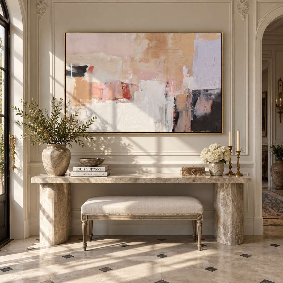 Linen Slate Onyx Intervals Balance - textured abstract painting shown in modern room setting 2