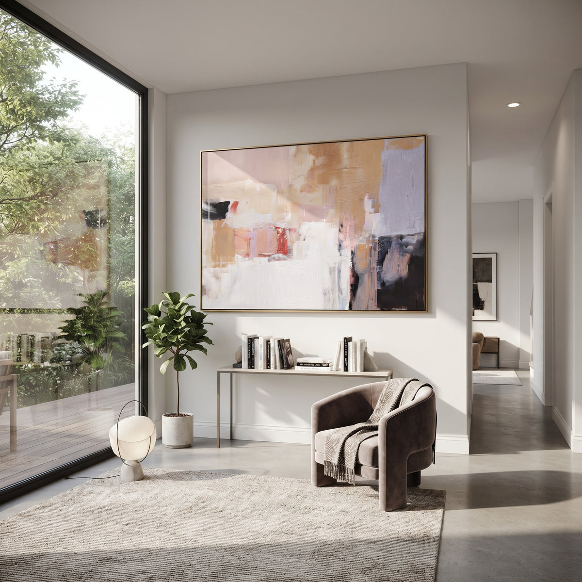 Linen Slate Onyx Intervals Balance - textured abstract painting shown in modern room setting 4