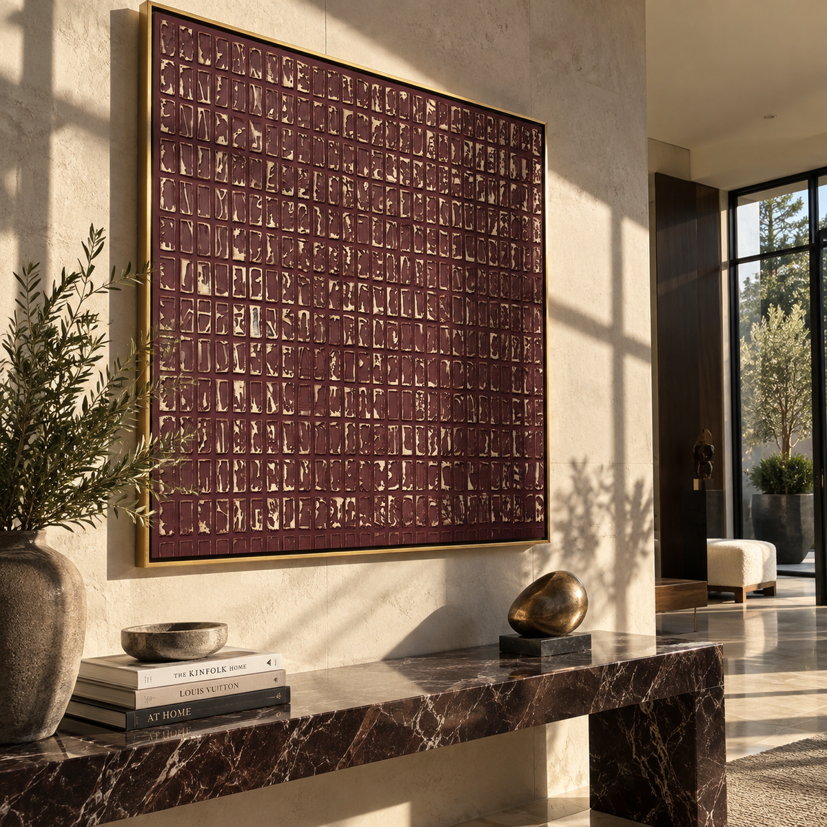Umber Linen Onyx Drift Resonance - textured abstract painting displayed in a styled interior