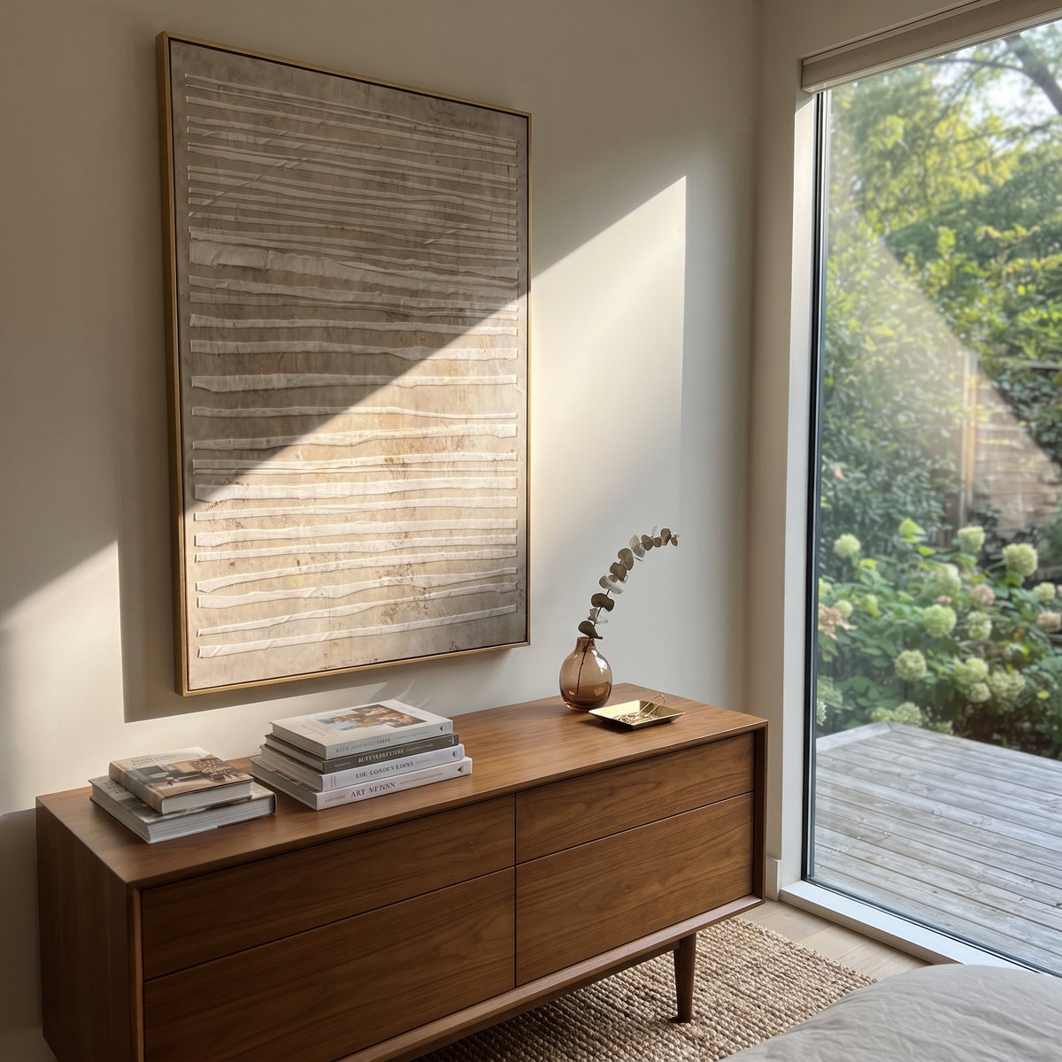 Linen Umber Onyx Crossing Stillness - textured abstract painting shown in modern room setting 2
