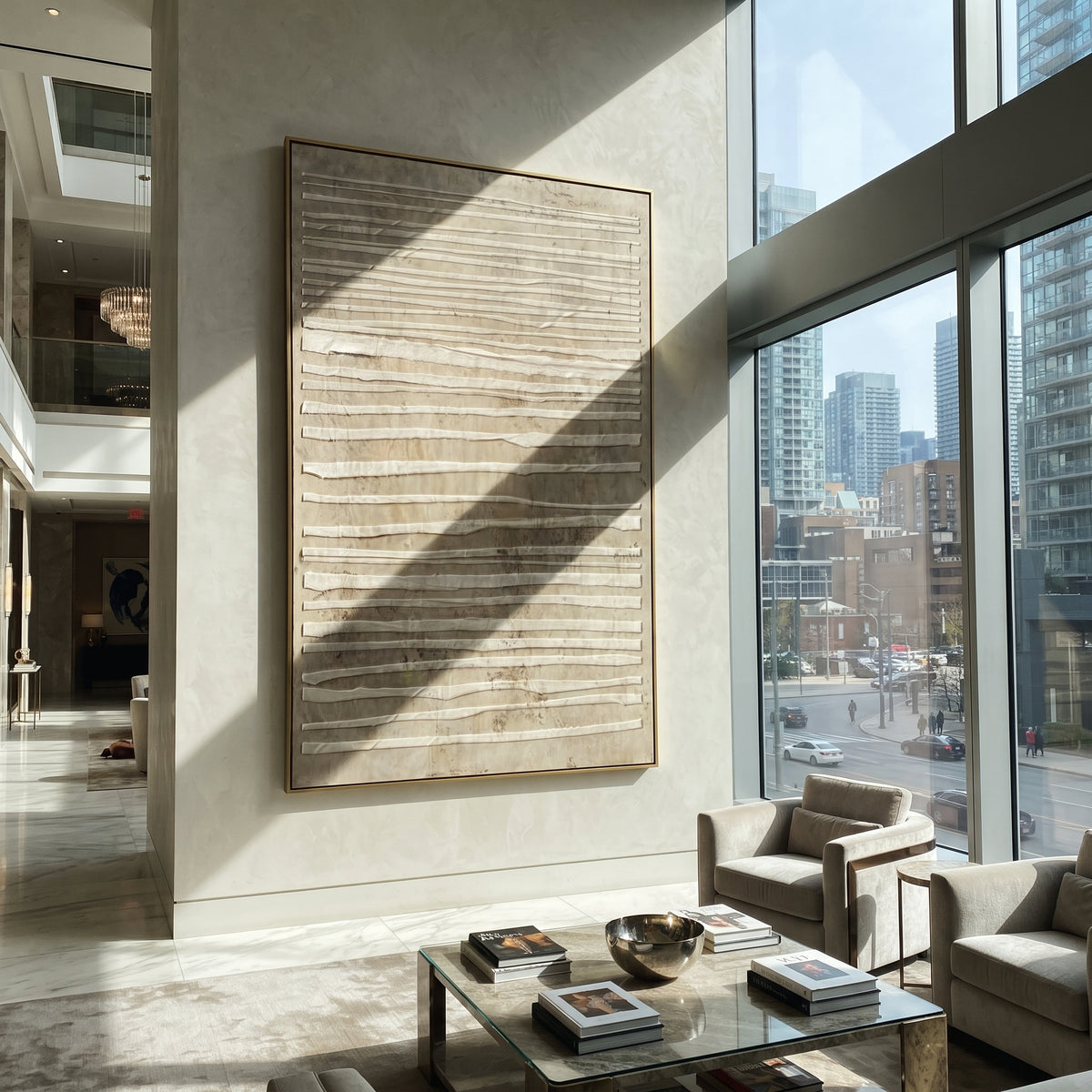 Linen Umber Onyx Crossing Stillness - textured abstract painting shown in modern room setting 3