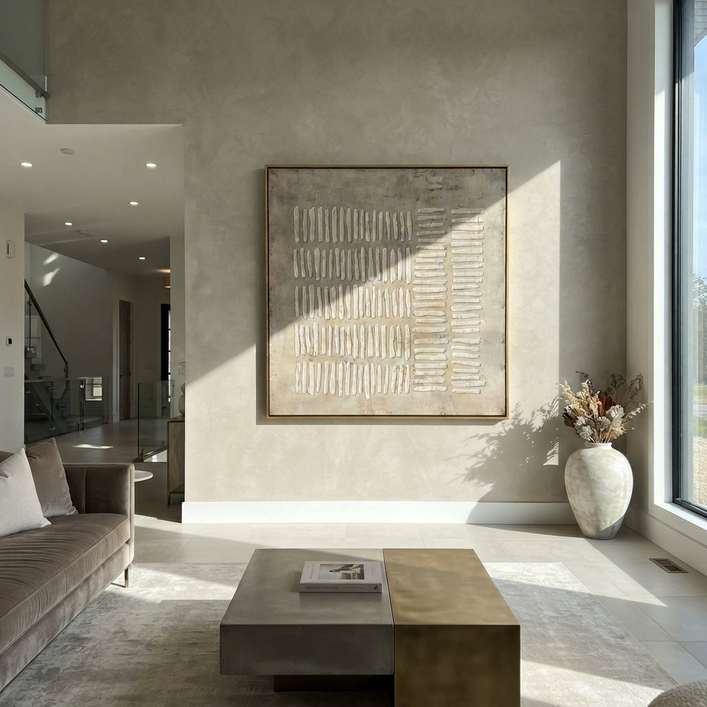 Umber Linen Gilded Echo Air - textured abstract painting displayed in a styled interior