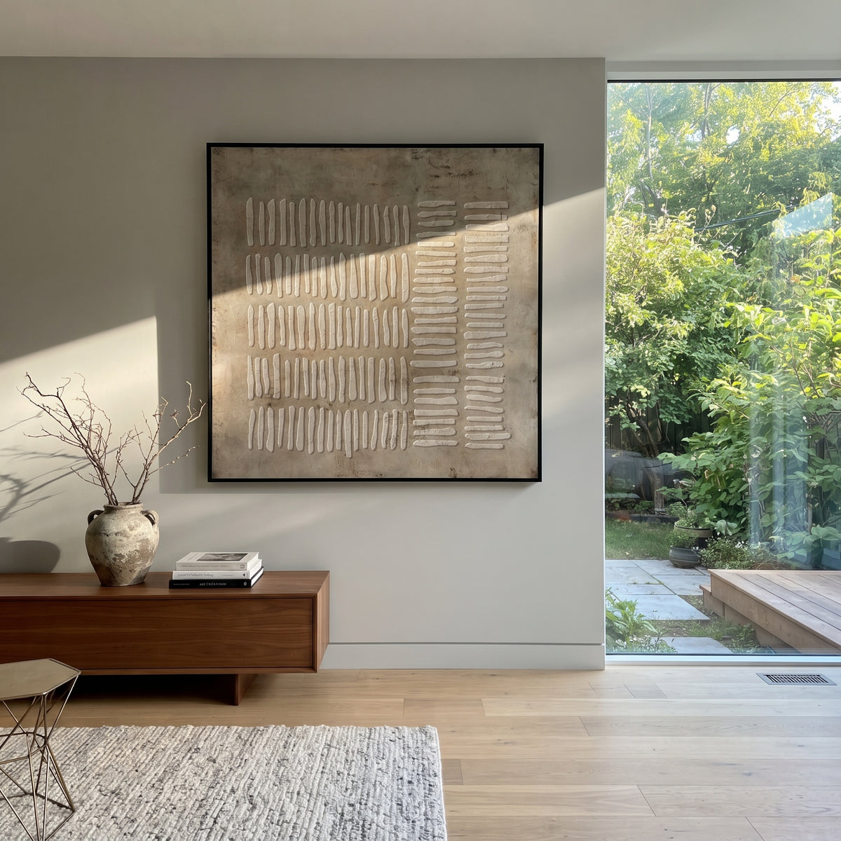 Umber Linen Gilded Echo Air - textured abstract painting shown in modern room setting 4