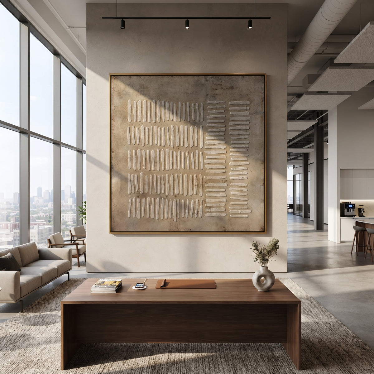Umber Linen Gilded Echo Air - textured abstract painting shown in modern room setting 5