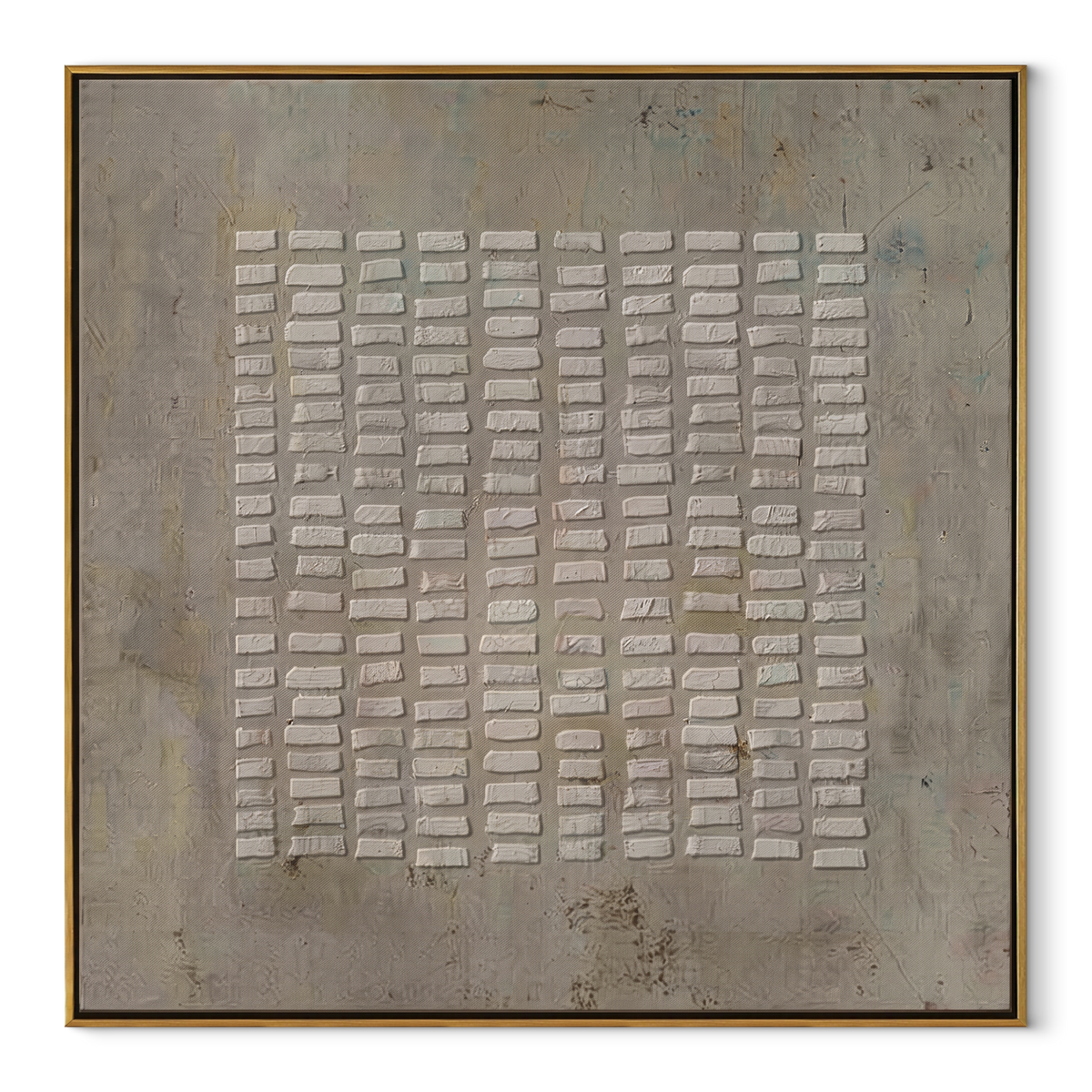 Umber Linen Slate Rhythm Rain - textured abstract painting in a wood frame on white